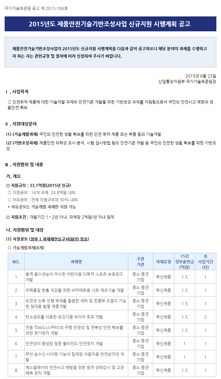 2015년도 제품안전기술기반조성사업 신규지원 시행계획 공고