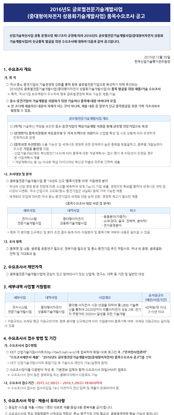 2016년도 글로벌전문기술개발사업(중대형이차전지 상용화기술개발사업) 품목수요조사 공고