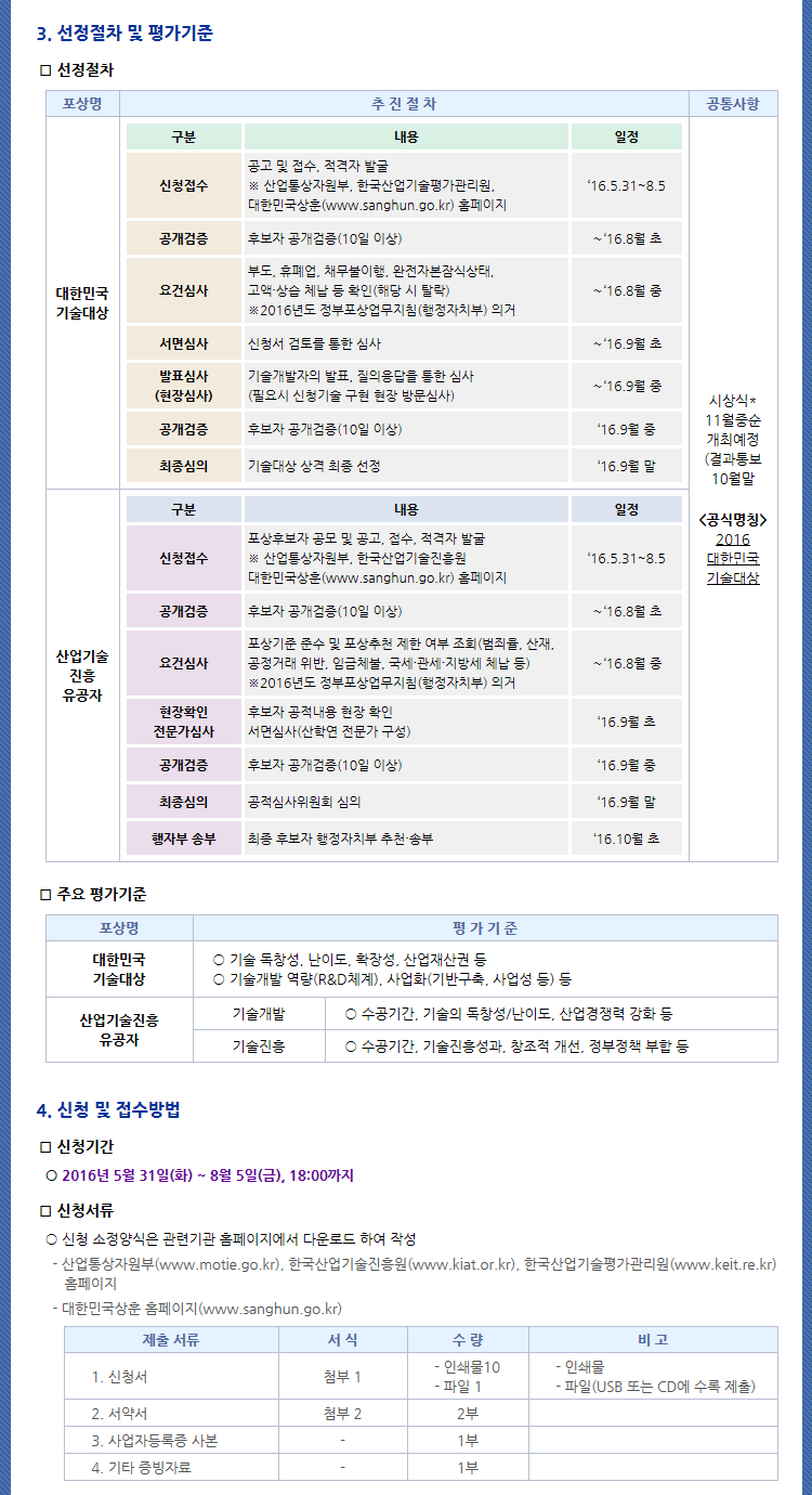 2016 대한민국 기술대상 포상 신청 공고 (기간연장 8.5 까지)